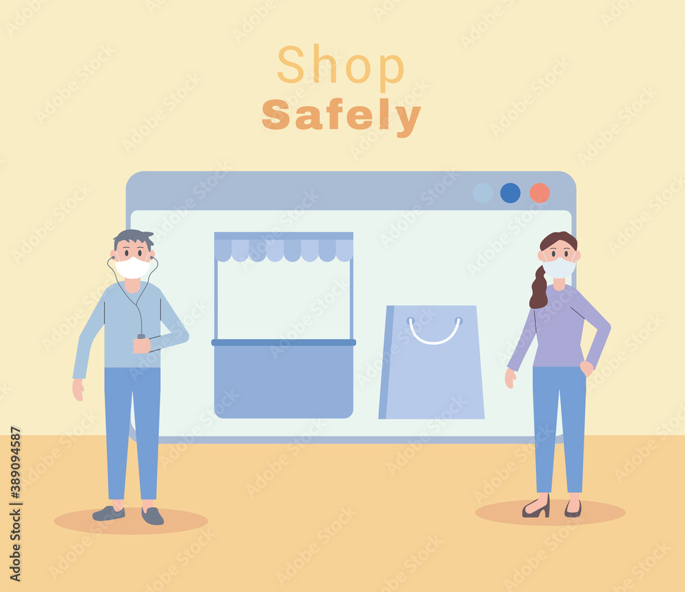 young couple wearing face masks shop safely characters young couple wearing face masks shop safely characters