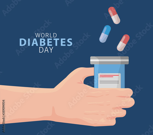 world diabetes day campaign with hand lifting bottle drugs