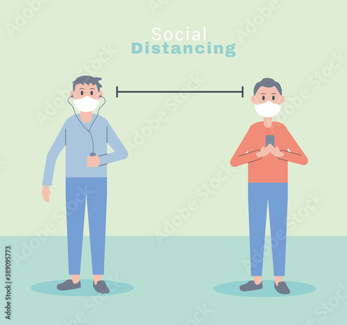 young men wearing face masks social distance characters