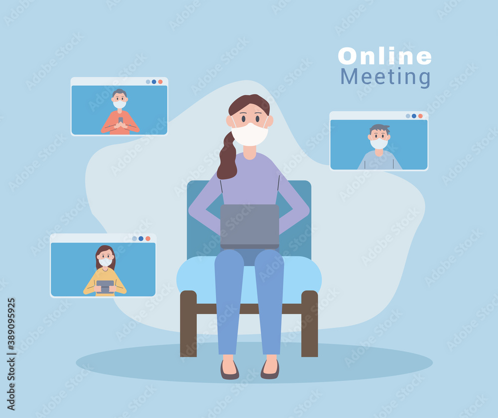 woman wearing medical mask online meeting