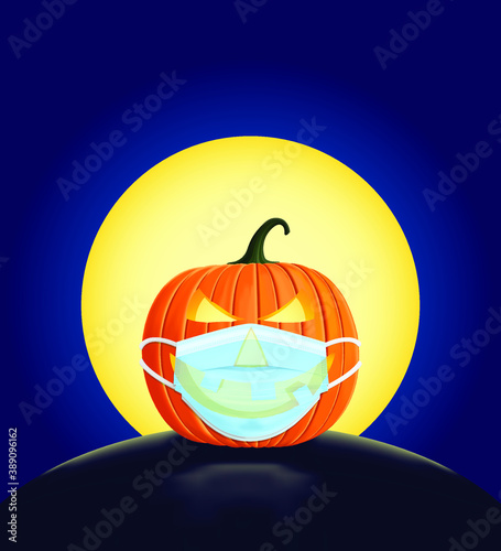 Halloween pumpkin lantern wearing a surgical face mask in front of a fool moon sky during the coronavirus pandemic