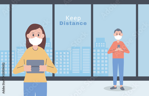 young couple wearing face masks keep distance