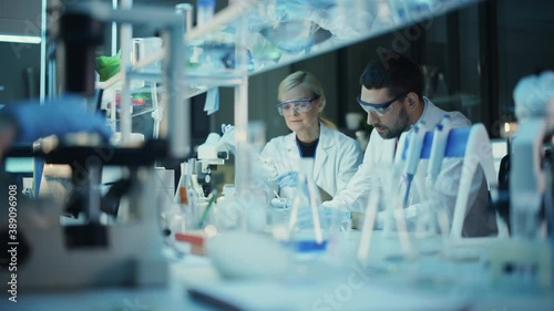 Female and Male Medical Research Scientists Have a Conversation While Conducting Experiments in Test Tubes with Liquid Samples with and in Beakers with Solid Specimens photo
