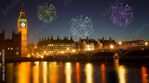 The Elizabeth Tower (Big Ben) of the Palace of Westminster and the River Thames with animated fireworks