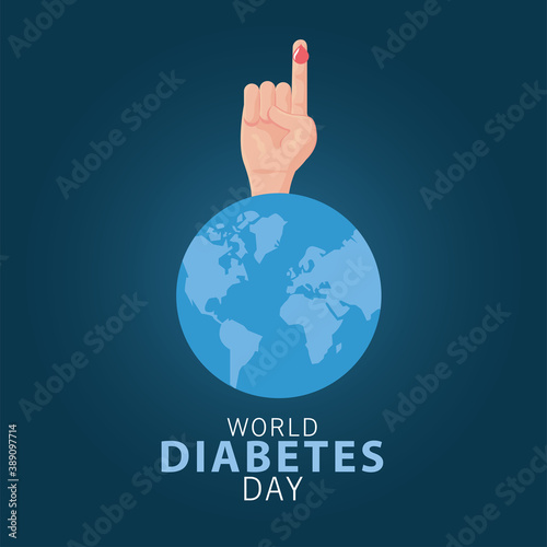 world diabetes day campaign with blood drop in finger and earth planet