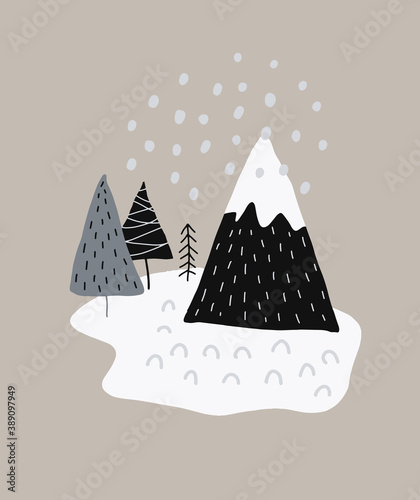 Lovely Winter Mountain Landscape Vector Illustration. Abstract Scandinavian Style Art with Christmas Tress, Snowy Mountain and Snow. Simple Winter Holiday Art ideal for Greeting, Card, Wall Art.