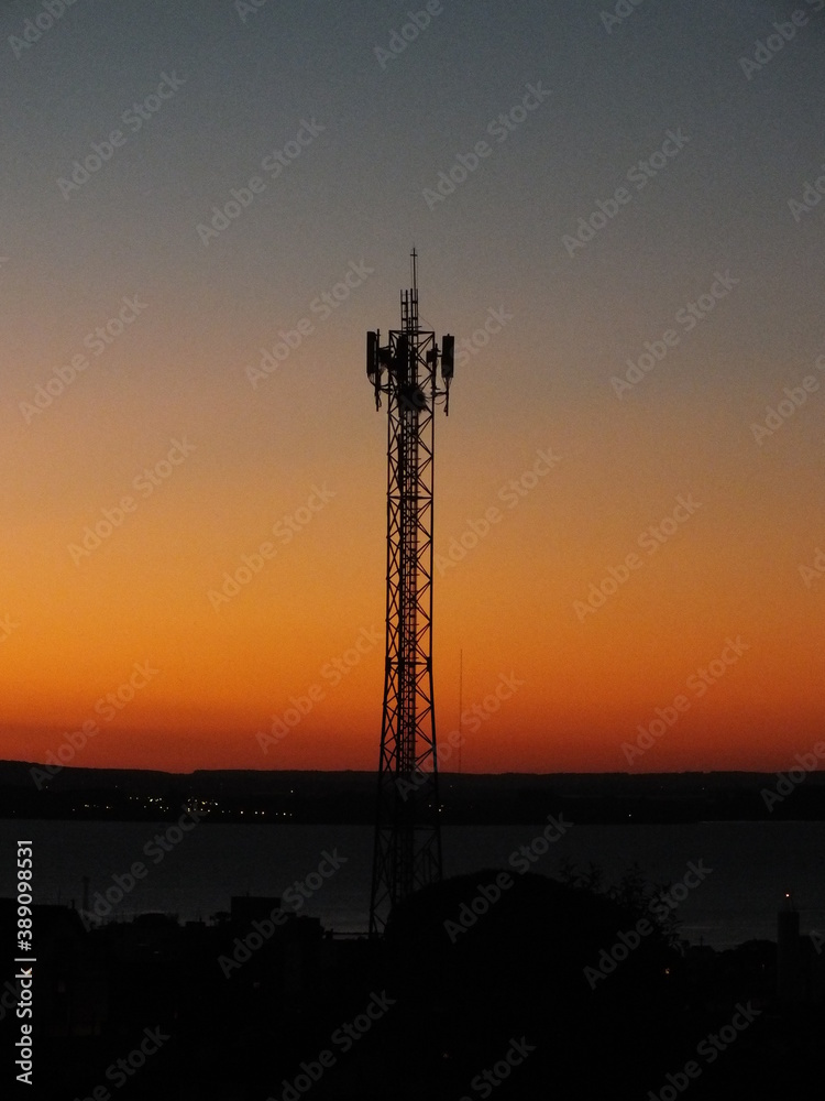 radio tower at sunset in Porto Alegre, Brazil.
