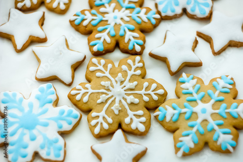 Colorful Christmas ginger cookies in the form of snowflakes