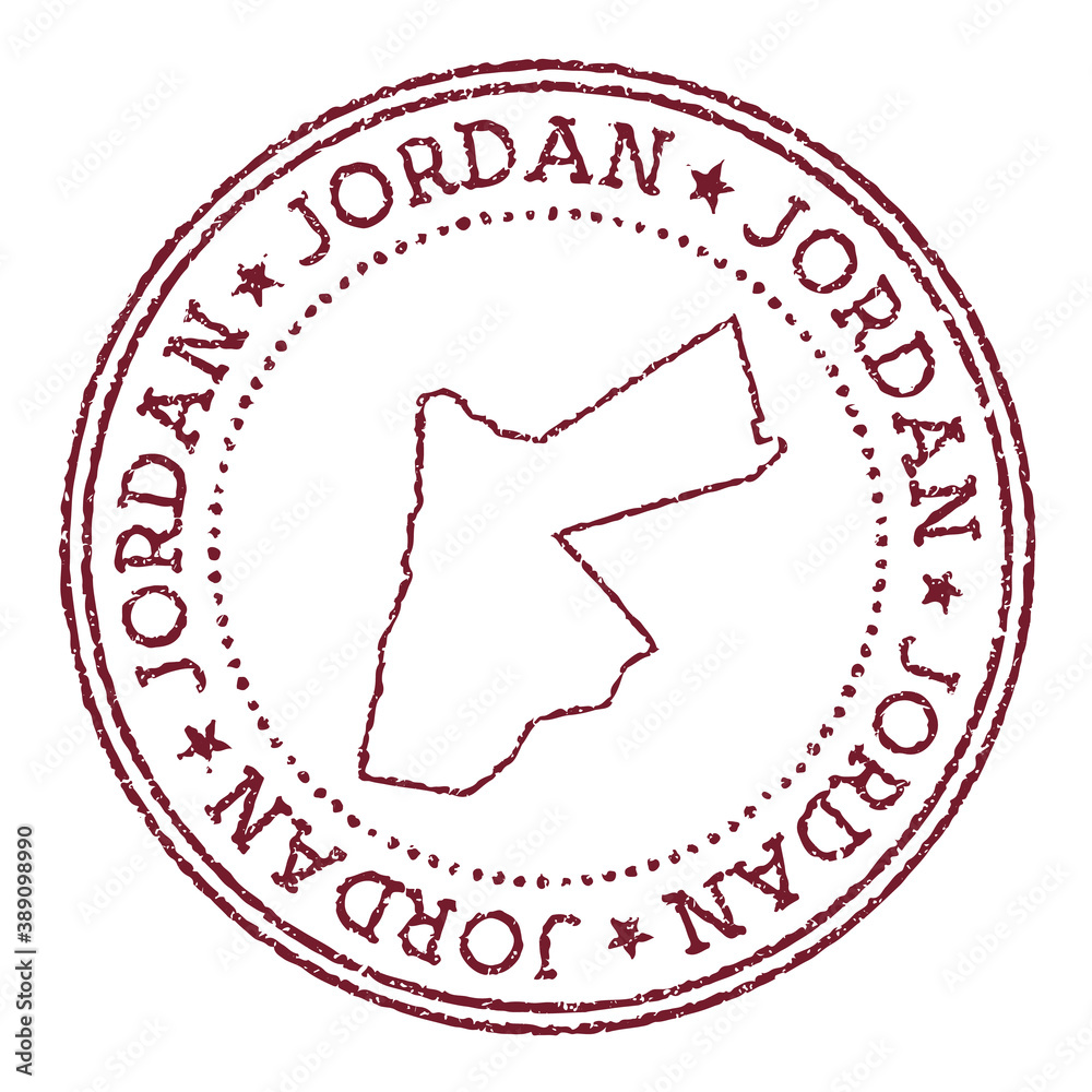 Jordan round rubber stamp with country map. Vintage red passport stamp
