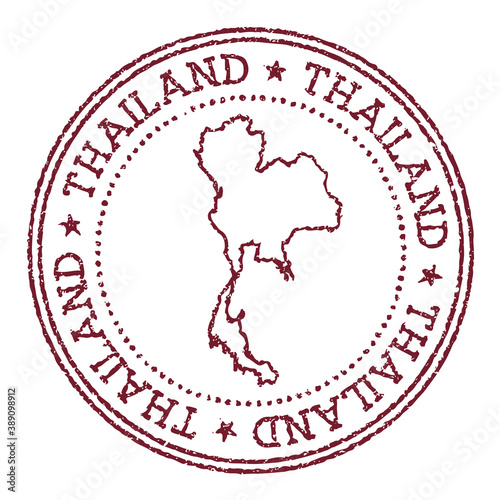 Thailand round rubber stamp with country map. Vintage red passport stamp with circular text and stars, vector illustration.