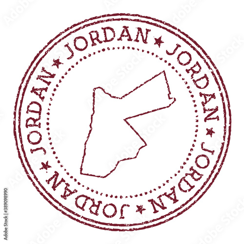Jordan round rubber stamp with country map. Vintage red passport stamp with circular text and stars, vector illustration.