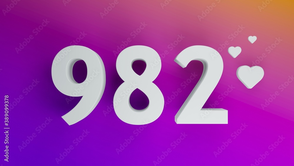 Number 982 in white on purple and orange gradient background, social media isolated number 3d render