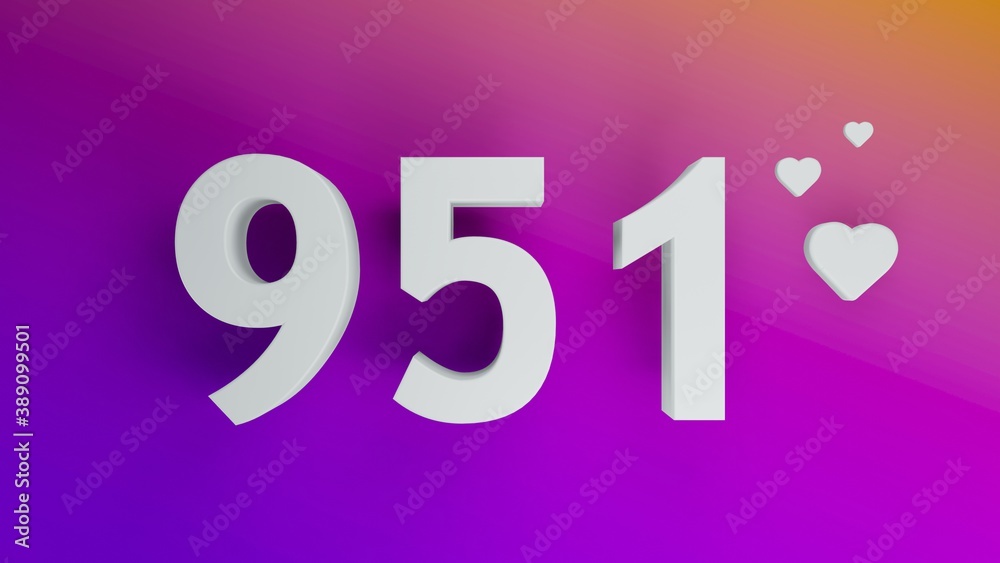 Number 951 in white on purple and orange gradient background, social media isolated number 3d render Number 951 in white on purple and orange gradient background, social media isolated number 3d render