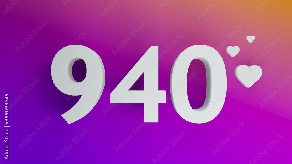 Number 940 in white on purple and orange gradient background, social media isolated number 3d render Number 940 in white on purple and orange gradient background, social media isolated number 3d render
