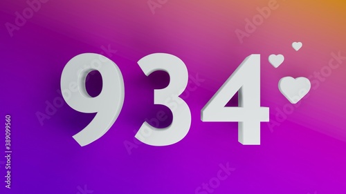 Number 934 in white on purple and orange gradient background, social media isolated number 3d render