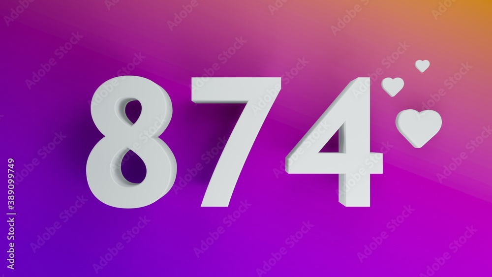 Number 874 in white on purple and orange gradient background, social media isolated number 3d render