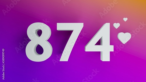 Number 874 in white on purple and orange gradient background, social media isolated number 3d render