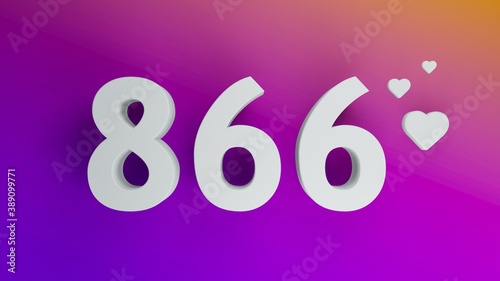 Number 866 in white on purple and orange gradient background, social media isolated number 3d render