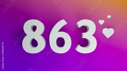 Number 863 in white on purple and orange gradient background, social media isolated number 3d render