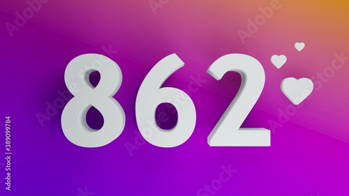 Number 862 in white on purple and orange gradient background, social media isolated number 3d render