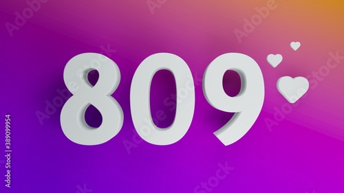 Number 809 in white on purple and orange gradient background, social media isolated number 3d render