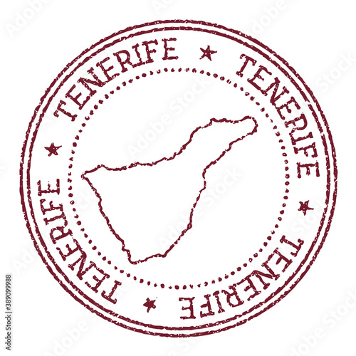 Tenerife round rubber stamp with island map. Vintage red passport stamp with circular text and stars, vector illustration.
