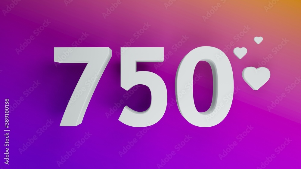 Number 750 in white on purple and orange gradient background, social media isolated number 3d render