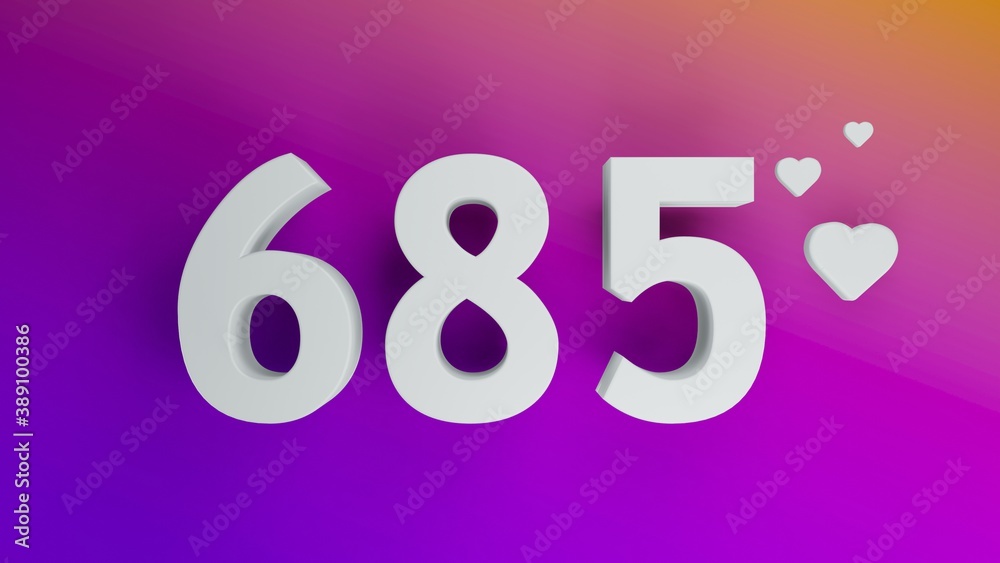Number 685 in white on purple and orange gradient background, social media isolated number 3d render Number 685 in white on purple and orange gradient background, social media isolated number 3d render