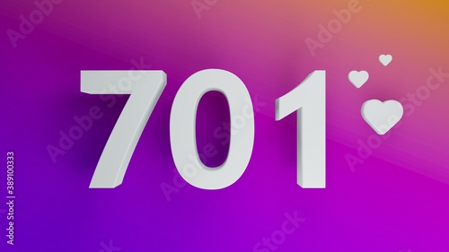 Number 701 in white on purple and orange gradient background, social media isolated number 3d render