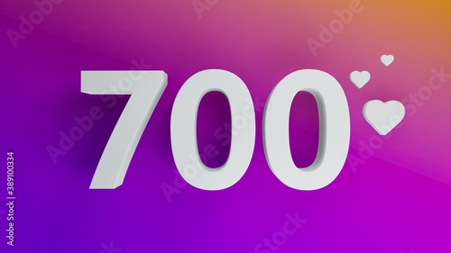 Number 700 in white on purple and orange gradient background, social media isolated number 3d render