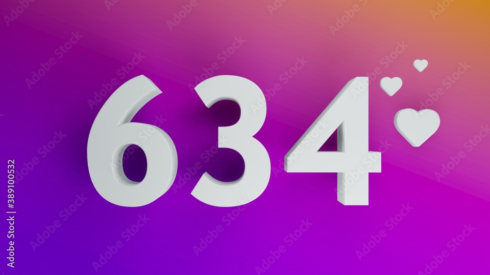 Number 634 in white on purple and orange gradient background, social media isolated number 3d render Number 634 in white on purple and orange gradient background, social media isolated number 3d render