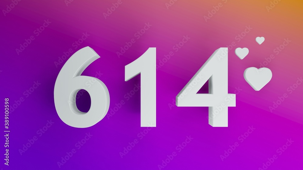 Number 614 in white on purple and orange gradient background, social media isolated number 3d render