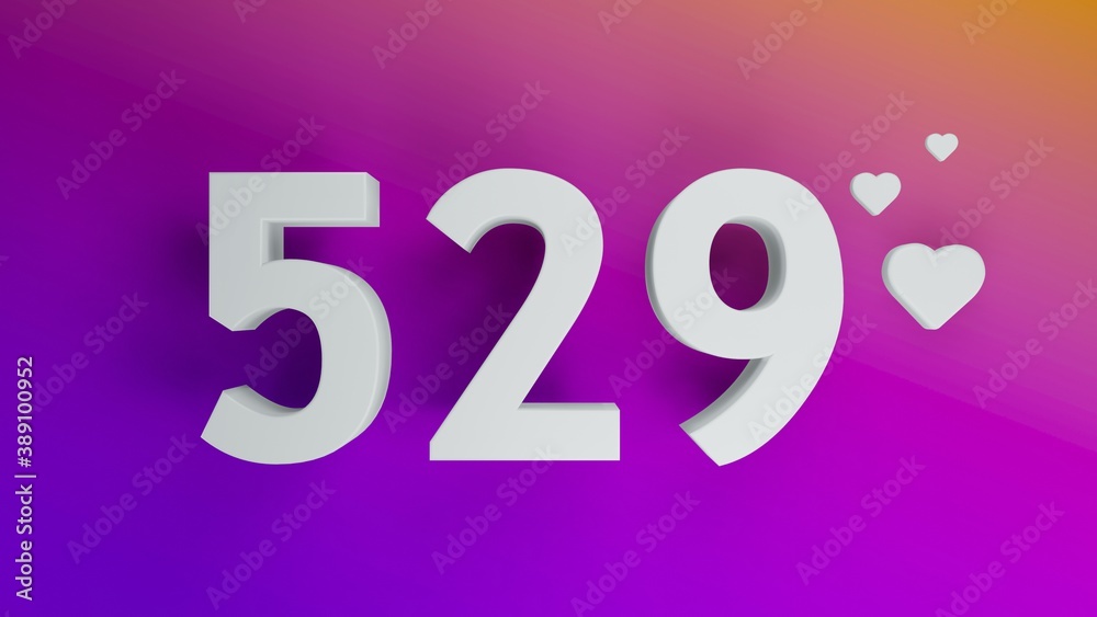 Number 529 in white on purple and orange gradient background, social media isolated number 3d render