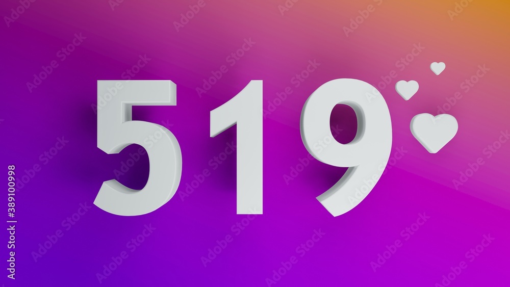 Number 519 in white on purple and orange gradient background, social media isolated number 3d render