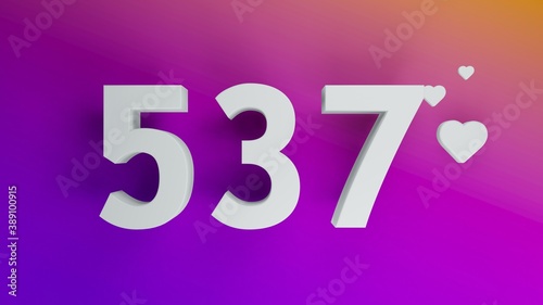 Number 537 in white on purple and orange gradient background, social media isolated number 3d render