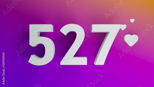 Number 527 in white on purple and orange gradient background, social media isolated number 3d render