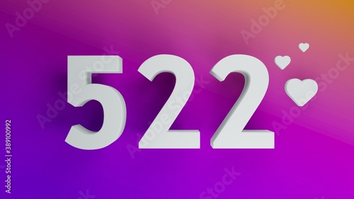 Number 522 in white on purple and orange gradient background, social media isolated number 3d render