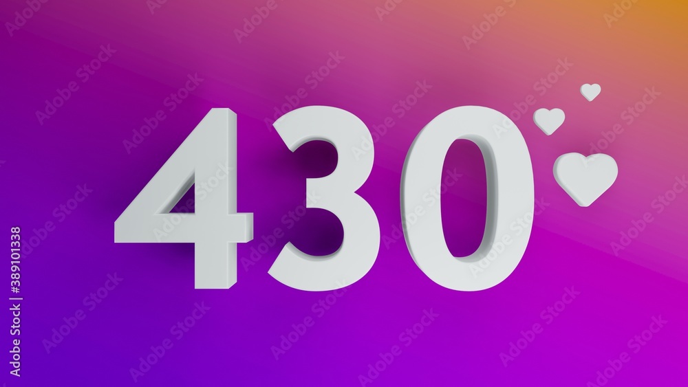 Number 430 in white on purple and orange gradient background, social media isolated number 3d render