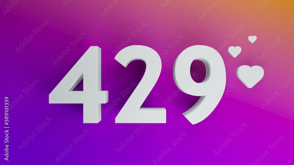 Number 429 in white on purple and orange gradient background, social media isolated number 3d render Number 429 in white on purple and orange gradient background, social media isolated number 3d render