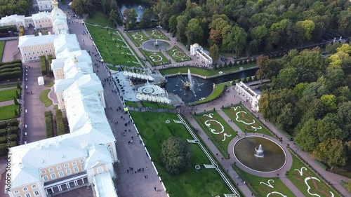 Aerial view of Peterhof Palace, with the gardens, parks, water fountains and water canals in the background, St Petersburg, Russia