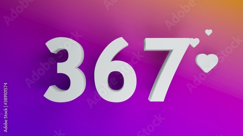 Number 367 in white on purple and orange gradient background, social media isolated number 3d render