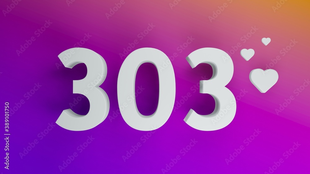 Number 303 in white on purple and orange gradient background, social media isolated number 3d render