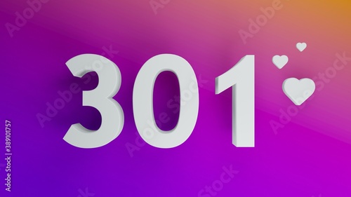 Number 301 in white on purple and orange gradient background, social media isolated number 3d render