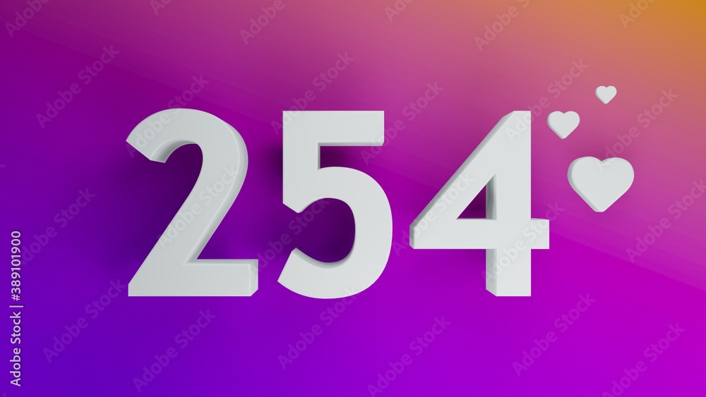 Number 254 in white on purple and orange gradient background, social media isolated number 3d render Number 254 in white on purple and orange gradient background, social media isolated number 3d render