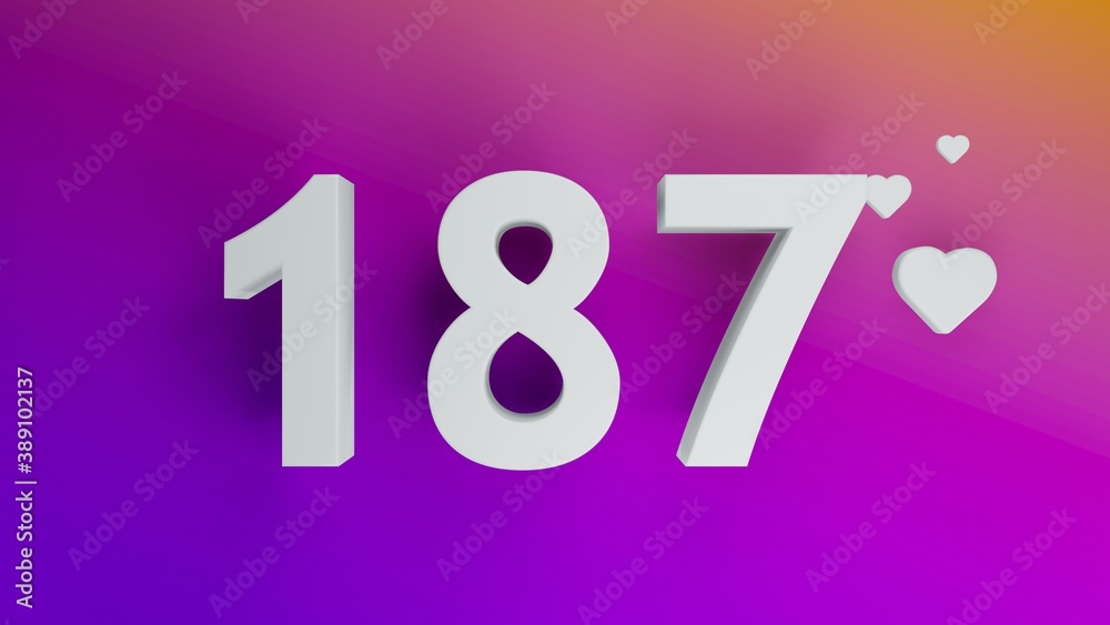Number 187 in white on purple and orange gradient background, social media isolated number 3d render Number 187 in white on purple and orange gradient background, social media isolated number 3d render