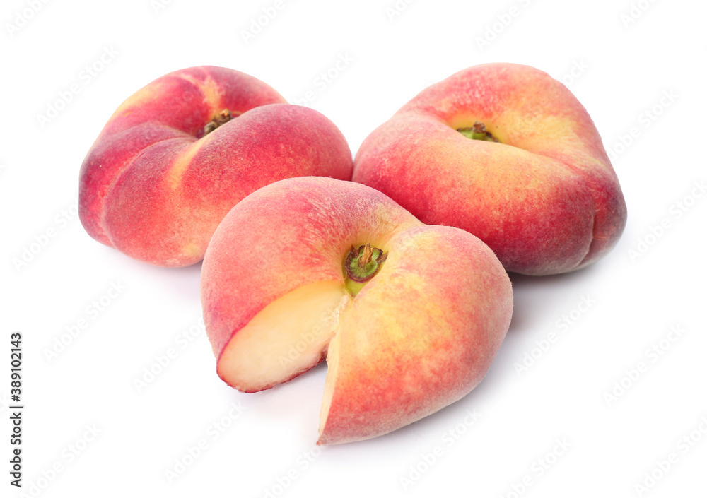 Fresh ripe donut peaches on white background Fresh ripe donut peaches on white background