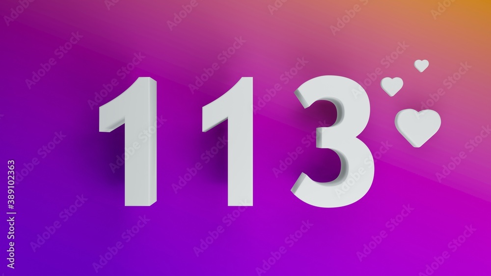 Number 113 in white on purple and orange gradient background, social media isolated number 3d render
