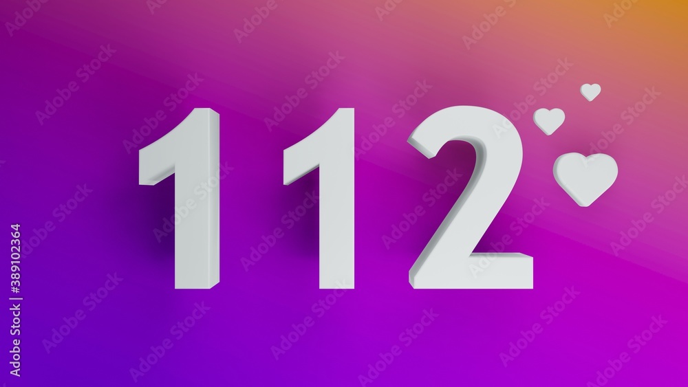 Number 112 in white on purple and orange gradient background, social media isolated number 3d render Number 112 in white on purple and orange gradient background, social media isolated number 3d render