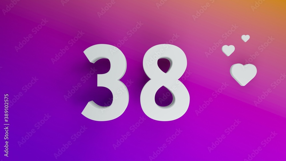 Number 38 in white on purple and orange gradient background, social media isolated number 3d render Number 38 in white on purple and orange gradient background, social media isolated number 3d render