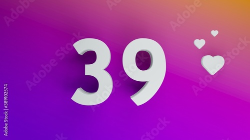 Number 39 in white on purple and orange gradient background, social media isolated number 3d render